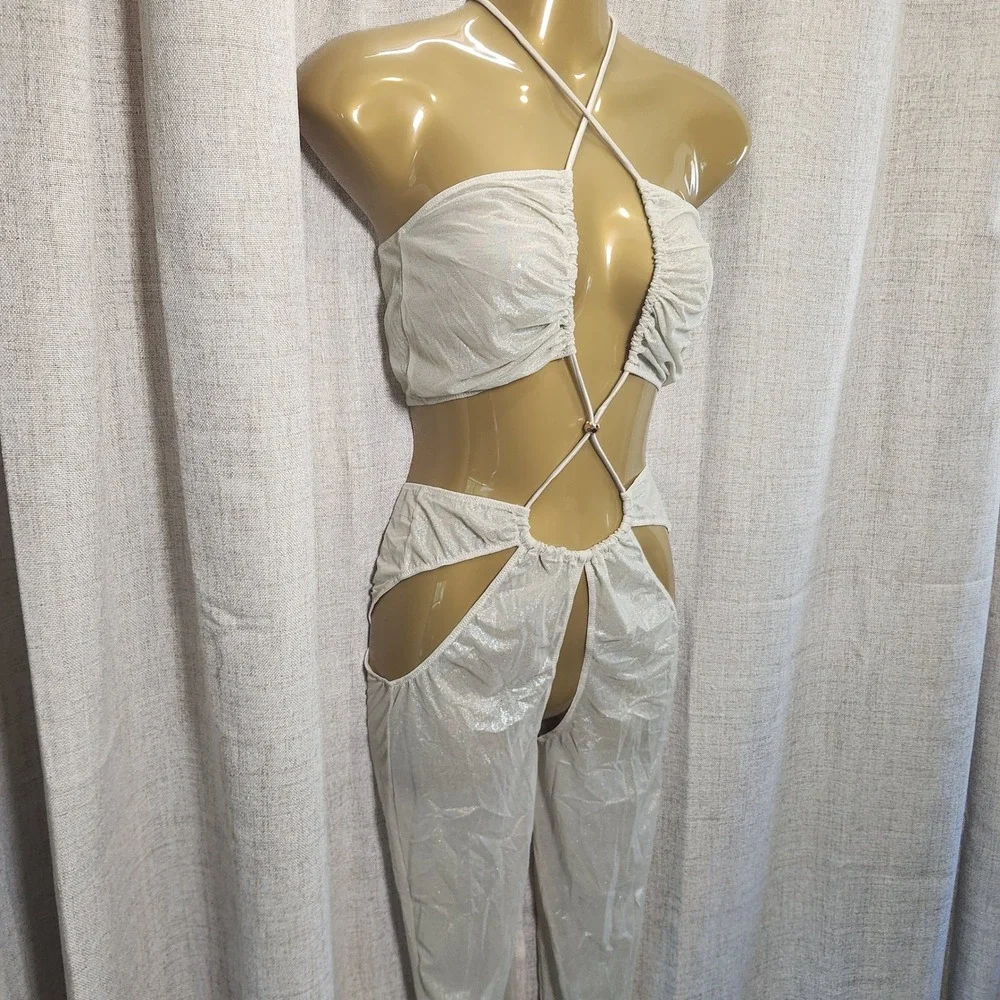Savage X Fenty Small Gathered Mesh Crotchless Catsuit White Shimmer Gold Sheer‎